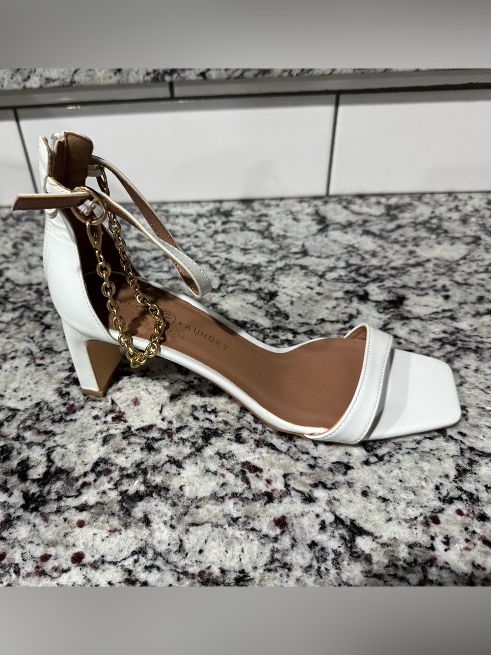 Chinese Laundry White Ankle-Strap Heel with Gold Chain